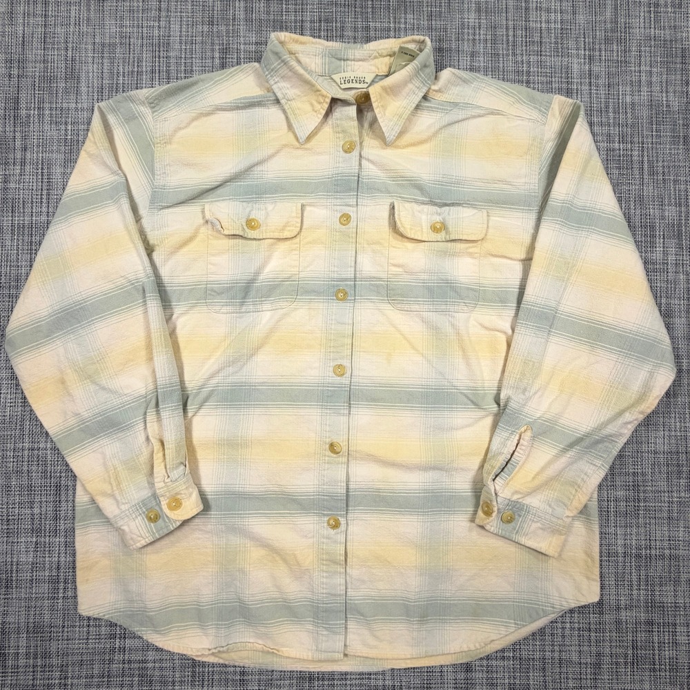 Eddie Bauer Womens Legends Flannel Shirt Large Yellow Blue Plaid Cotton Pockets